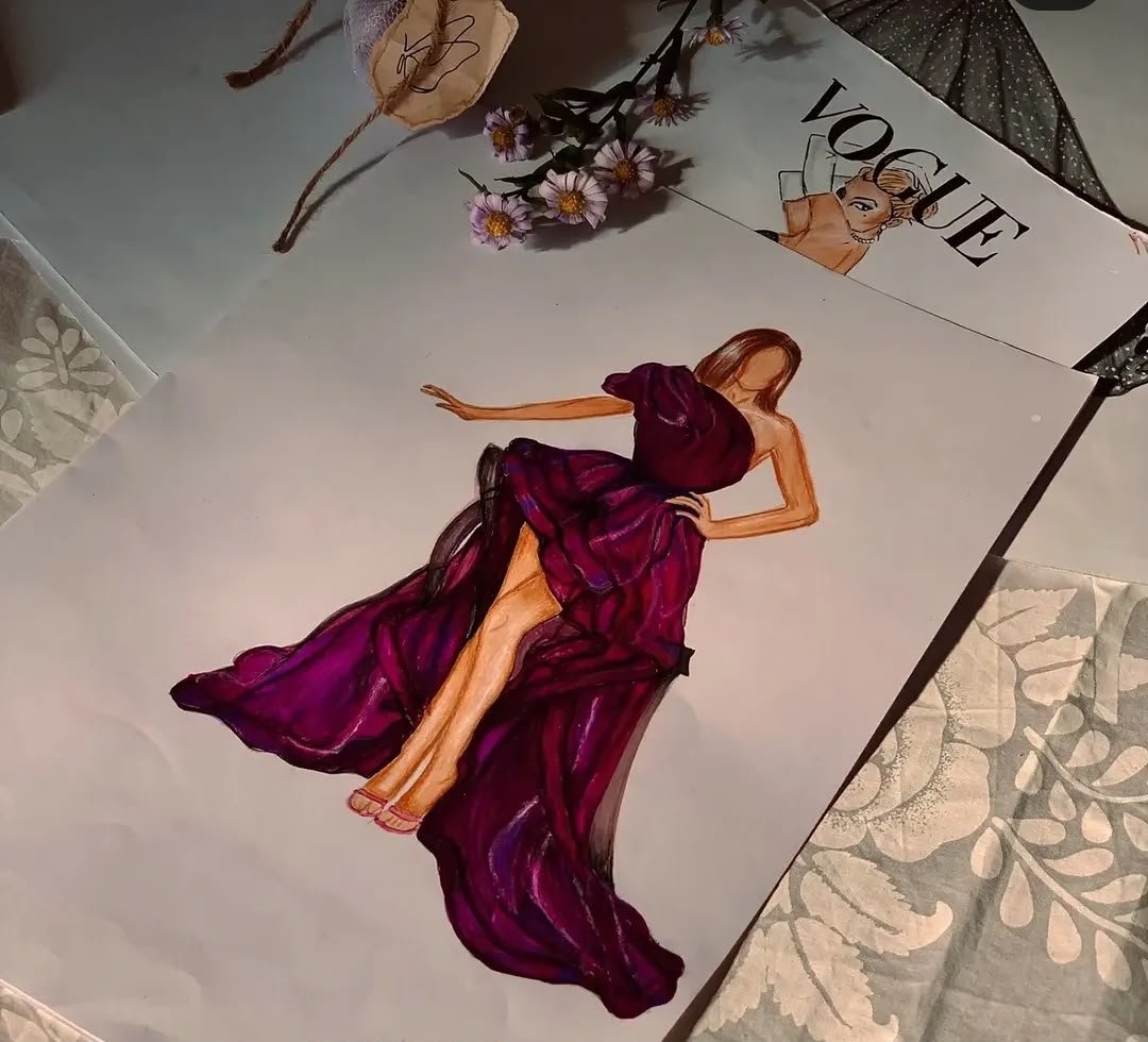Purple gown marker illustration beside a Vogue clipping